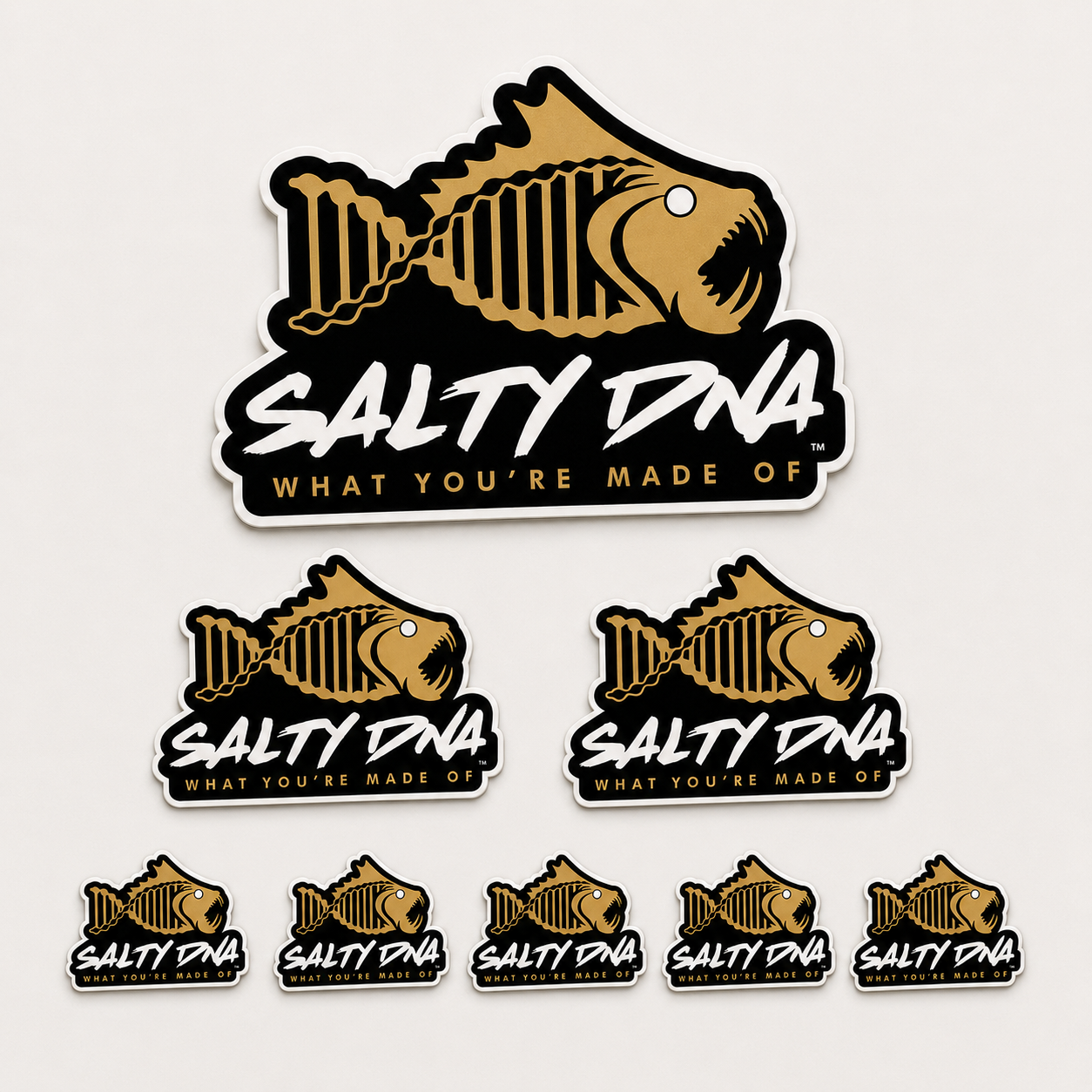 Eight Salty DNA fish logo stickers in black, gold and white, arranged by size