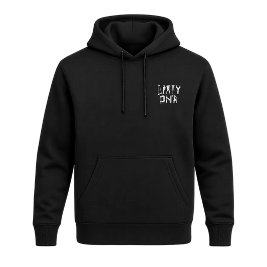 A black pullover hoodie with a small white graphic text print on the left chest reading 'DIRTY DNA', displayed on a clean white background.