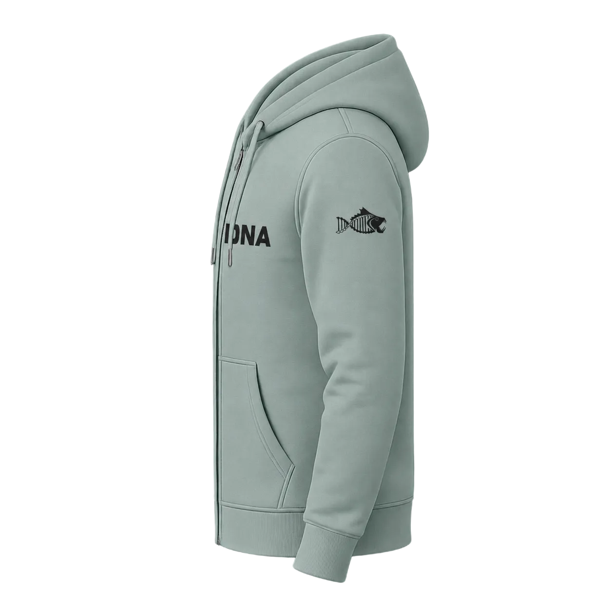 Seafoam green Salty DNA zip-up hoodie with black chest graphics, side view