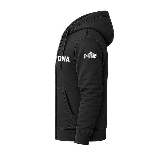 A black pullover hoodie shown in side profile on a transparent checkerboard background. The hoodie features white printed text reading 'DNA' on the front chest and a white fish-shaped logo on the upper sleeve.
