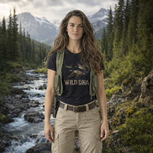 Model showing the Wild DNA Geese back graphic