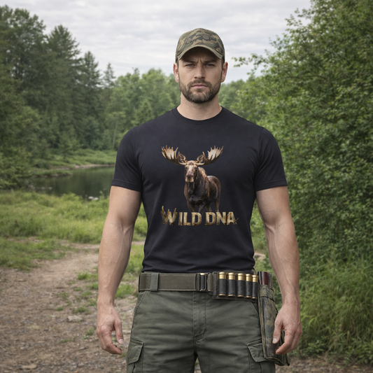 Model wearing the Wild DNA Moose T-Shirt, back view