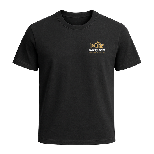 Front of black Salty DNA Originals Newfoundland Map T-shirt with small gold fish logo and Salty DNA chest branding