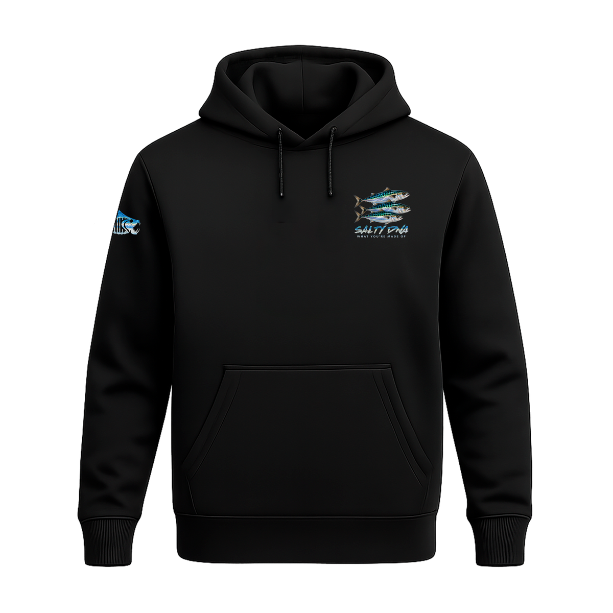 Front of black Salty Species Atlantic Mackerel hoodie with small chest graphic