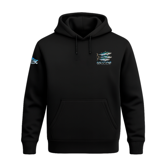 Front of black Salty Species Atlantic Mackerel hoodie with small chest graphic
