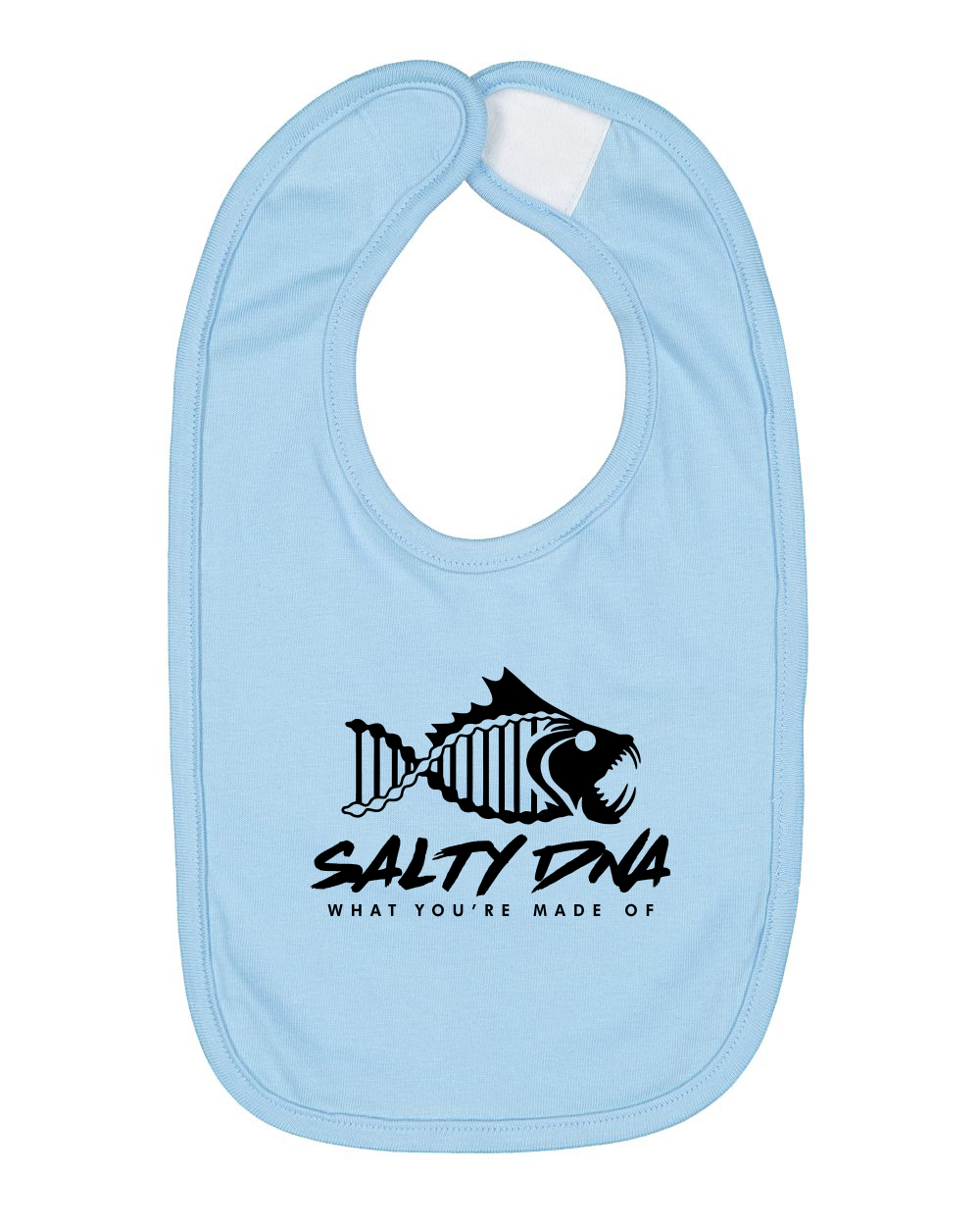 Light blue baby bib with black fish graphic and text on a white background