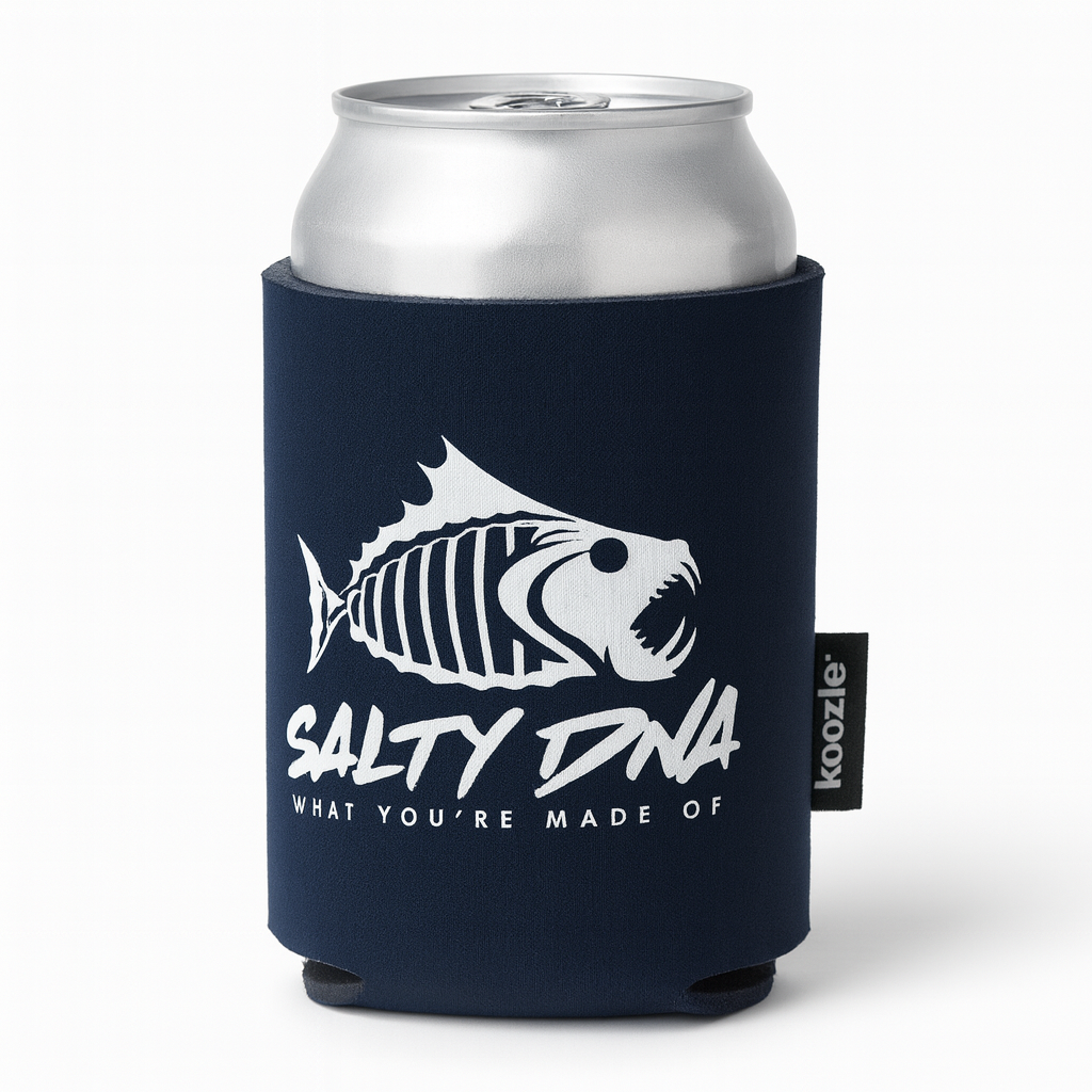 Navy blue can cooler with white fish design and text on a white background