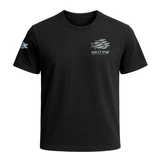 Front of black Salty Species Capelin T-shirt with small chest graphic