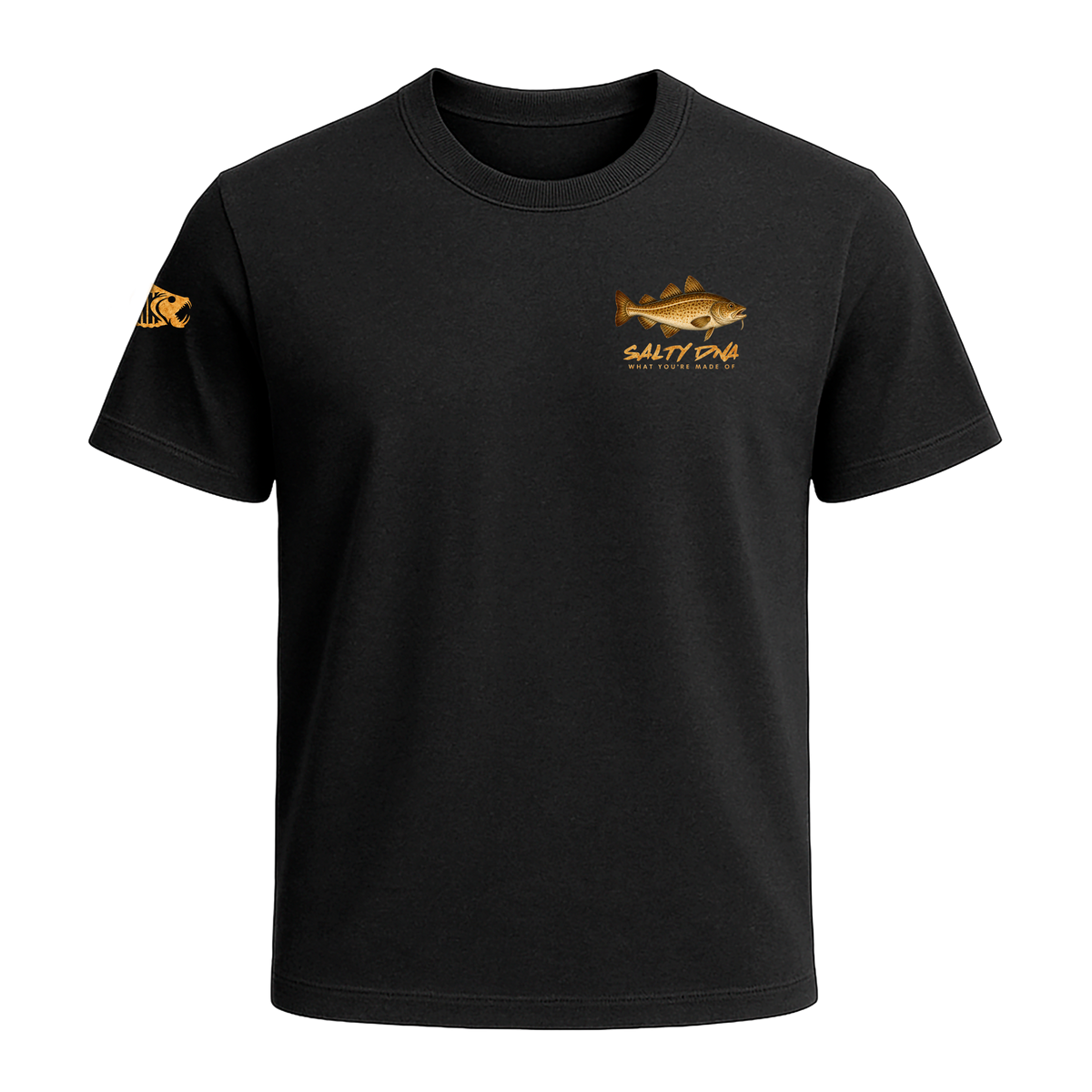 Front of black Salty Species Cod T-shirt with small chest graphic