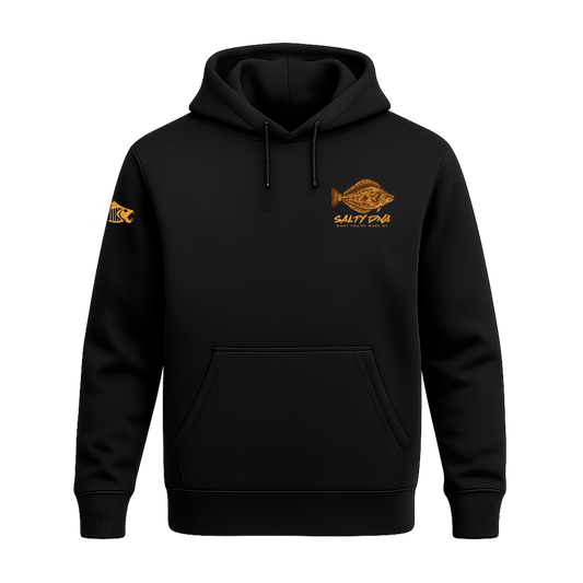 Front of black Salty Species Halibut hoodie with small chest graphic