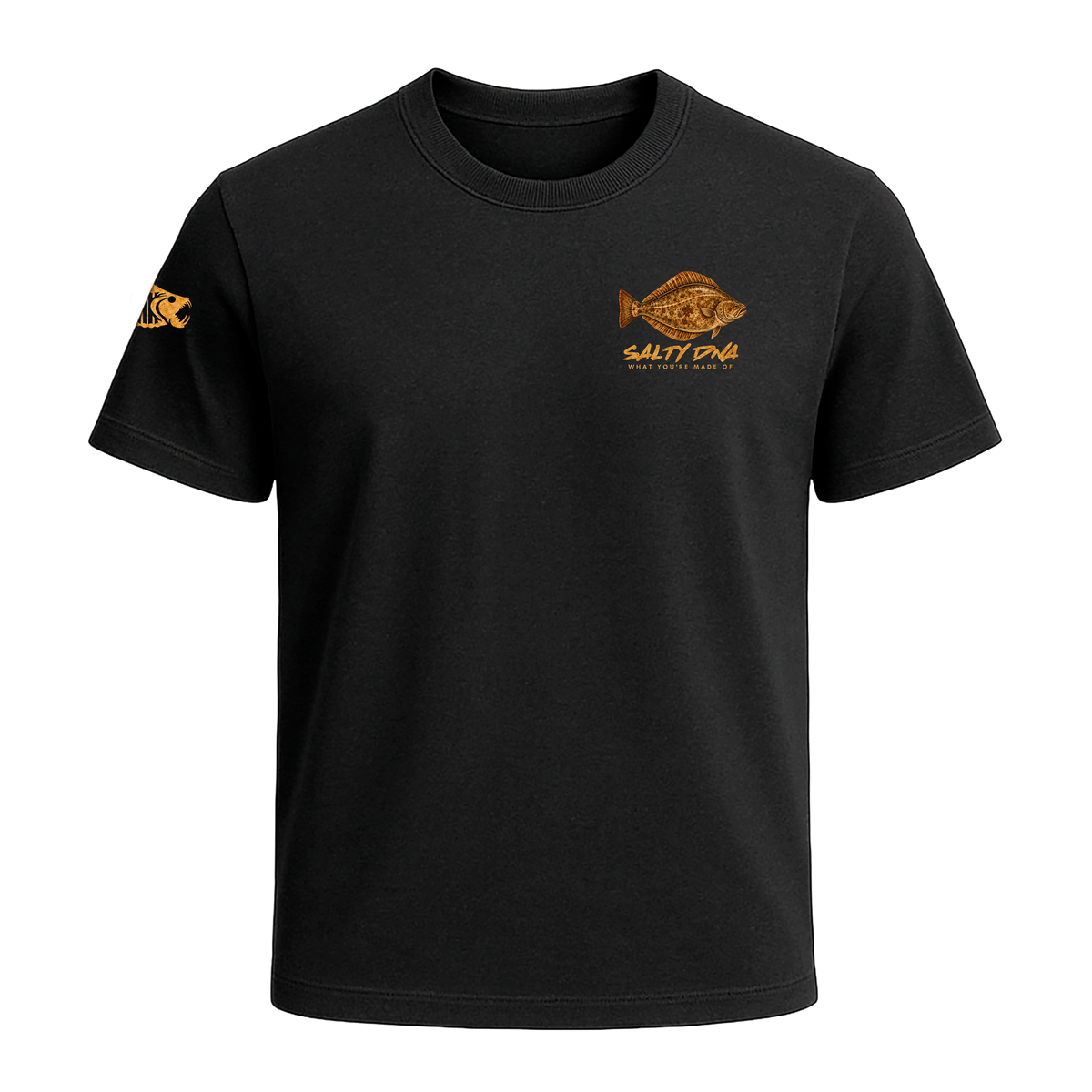 Front of black Salty Species Halibut T-shirt with small chest graphic