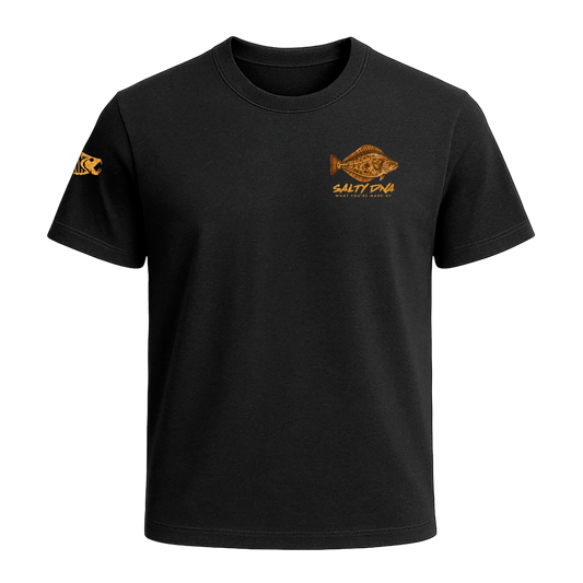 Front of black Salty Species Halibut T-shirt with small chest graphic