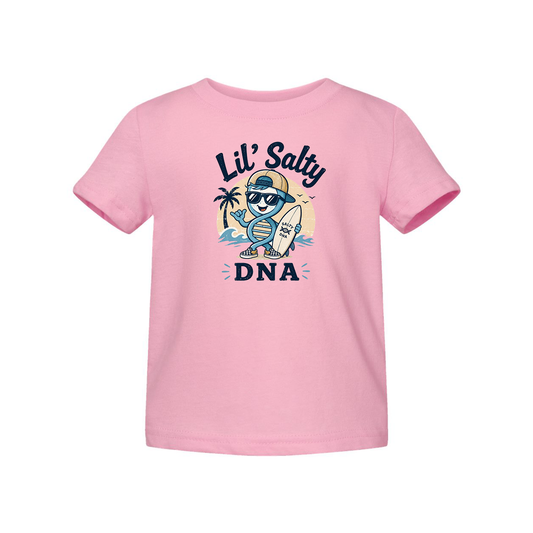 Pink Lil Salty DNA toddler T-shirt with coastal surf character graphic