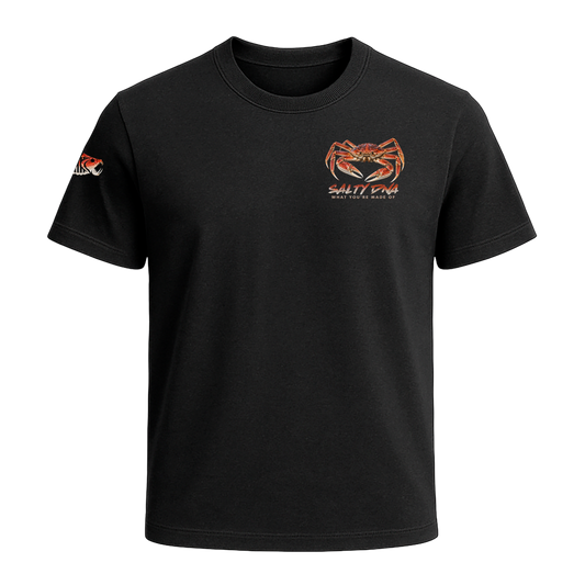 Front of the black Salty Species Snow Crab T-Shirt with a small orange crab and Salty DNA chest graphic.