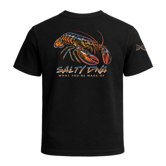 Back of the black Salty Species Lobster T-Shirt with a large blue-and-orange lobster above Salty DNA lettering.