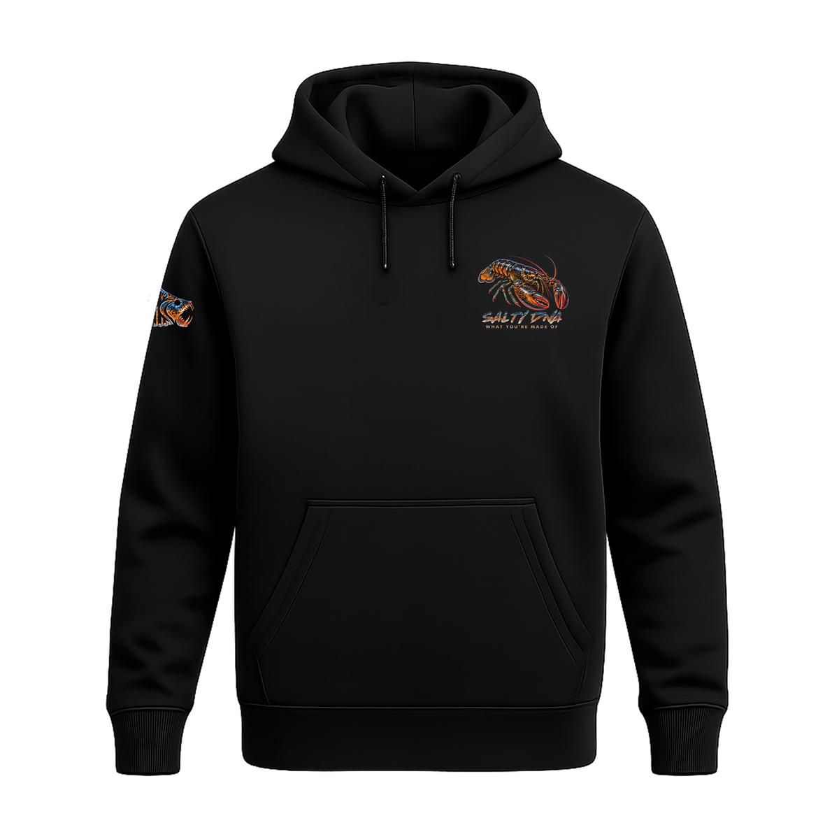 Black Salty Species Lobster Hoodie, front view with small lobster chest artwork, drawstrings and pouch pocket