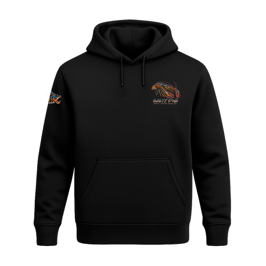 Black Salty Species Lobster Hoodie, front view with small lobster chest artwork, drawstrings and pouch pocket