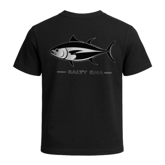Black t-shirt with a fish graphic and 'Salty DNA' text on a white background