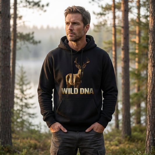 Model wearing the Wild DNA Deer Hoodie outdoors