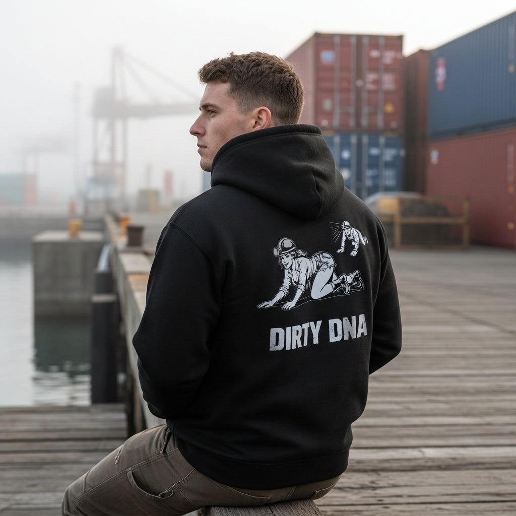 Model wearing the Dirty DNA Miner Girl Hoodie, back view