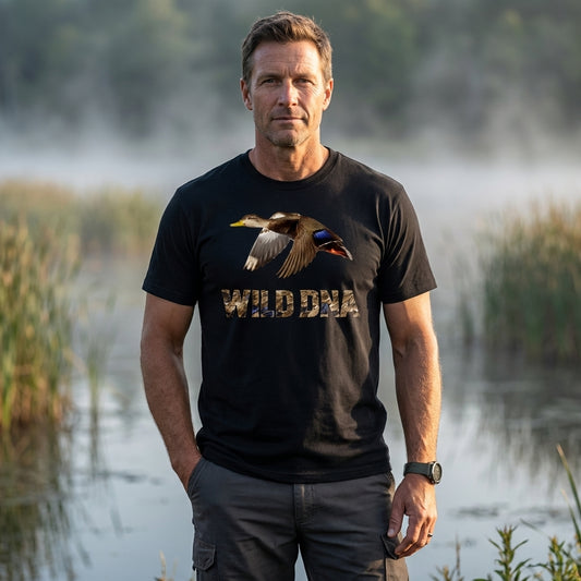 Model wearing the Wild DNA Black Duck T-Shirt outdoors
