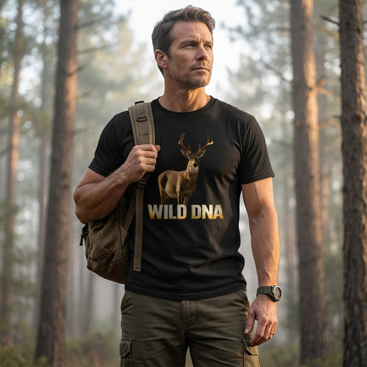 Model wearing the Wild DNA Deer T-Shirt outdoors