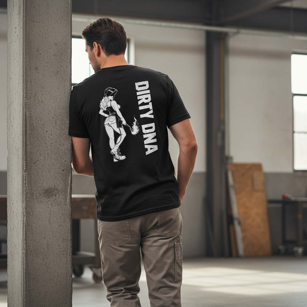 Model wearing the Dirty DNA Welding Girl T-Shirt, back view