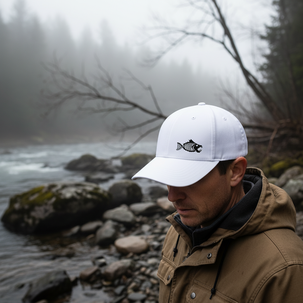 Man wearing a white and black Salty DNA Originals Flex Fit cap