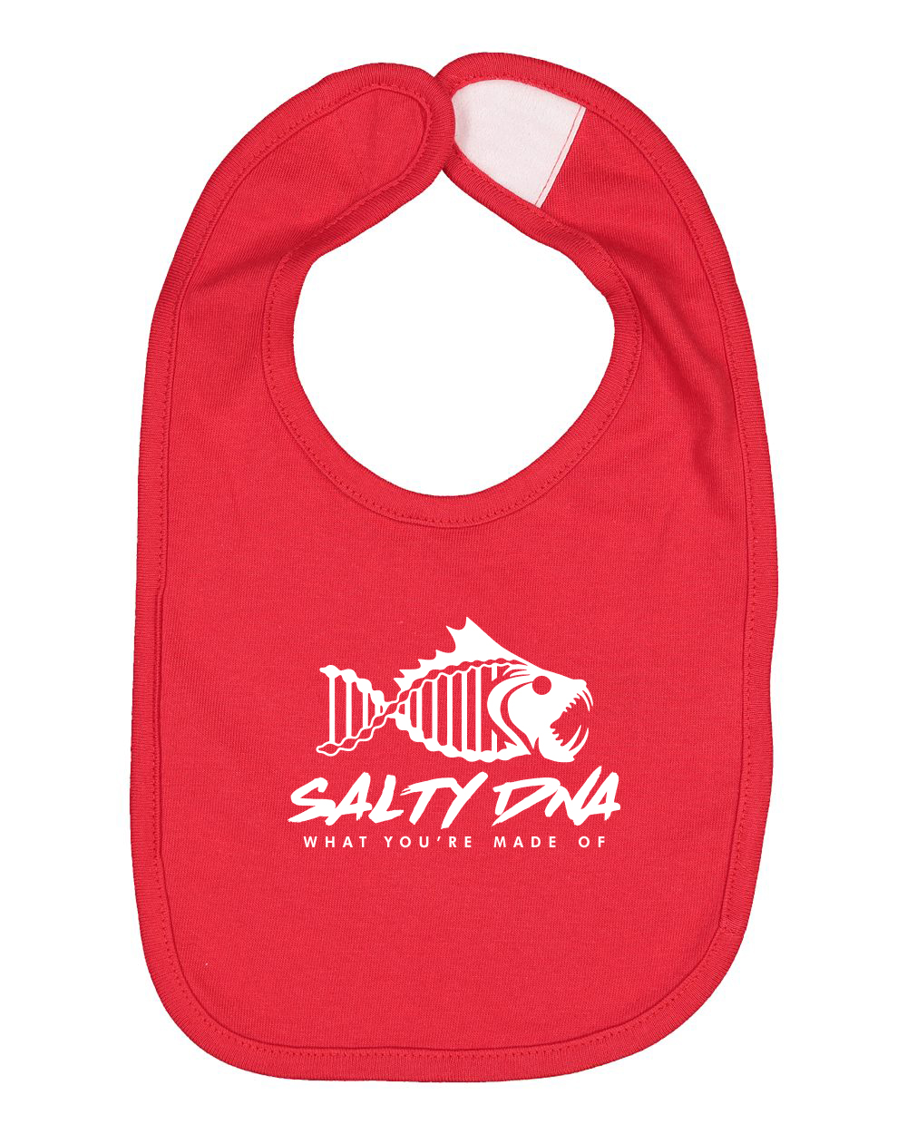 Red bib with white graphic and text on a white background