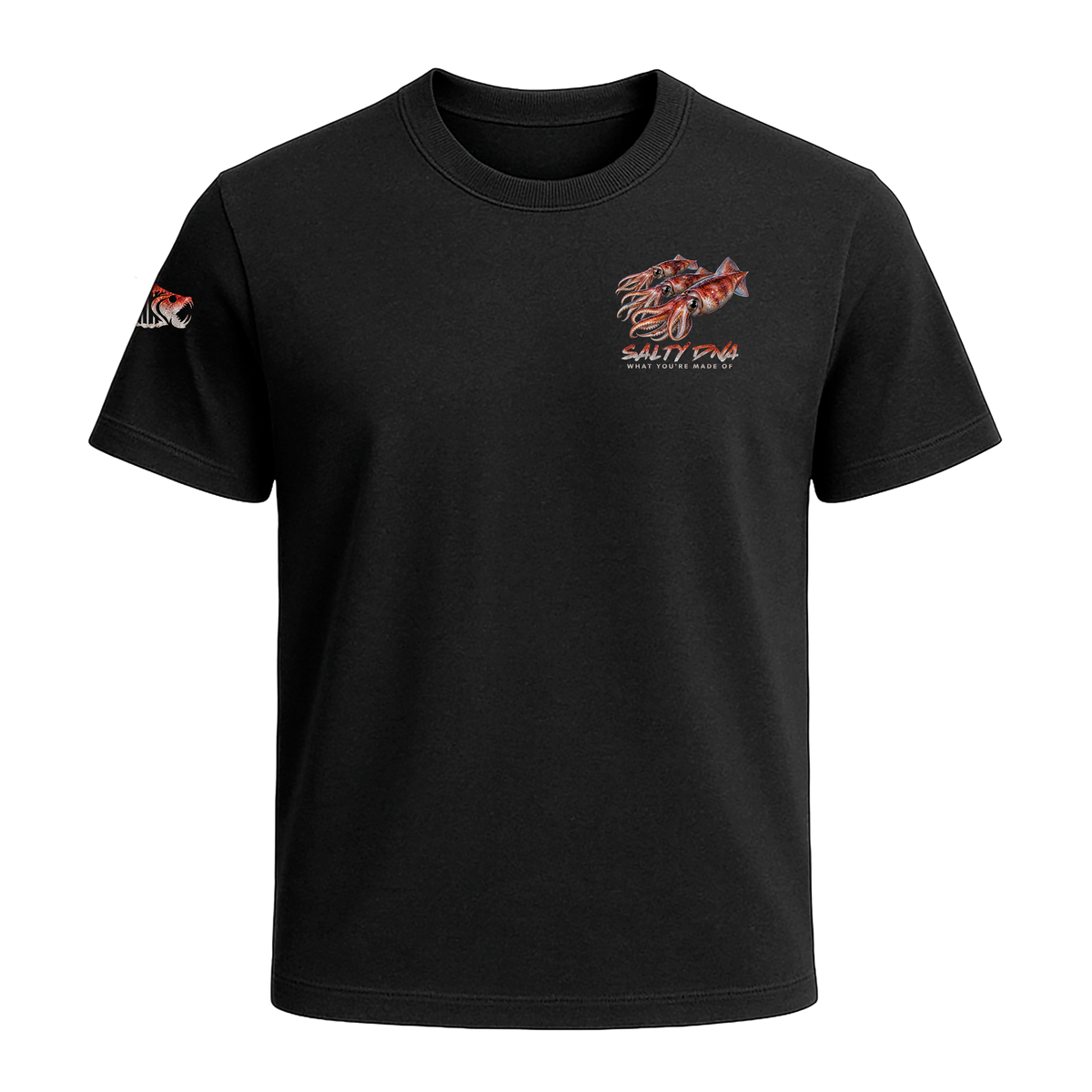 Front of black Salty Species Squid T-shirt with small chest graphic