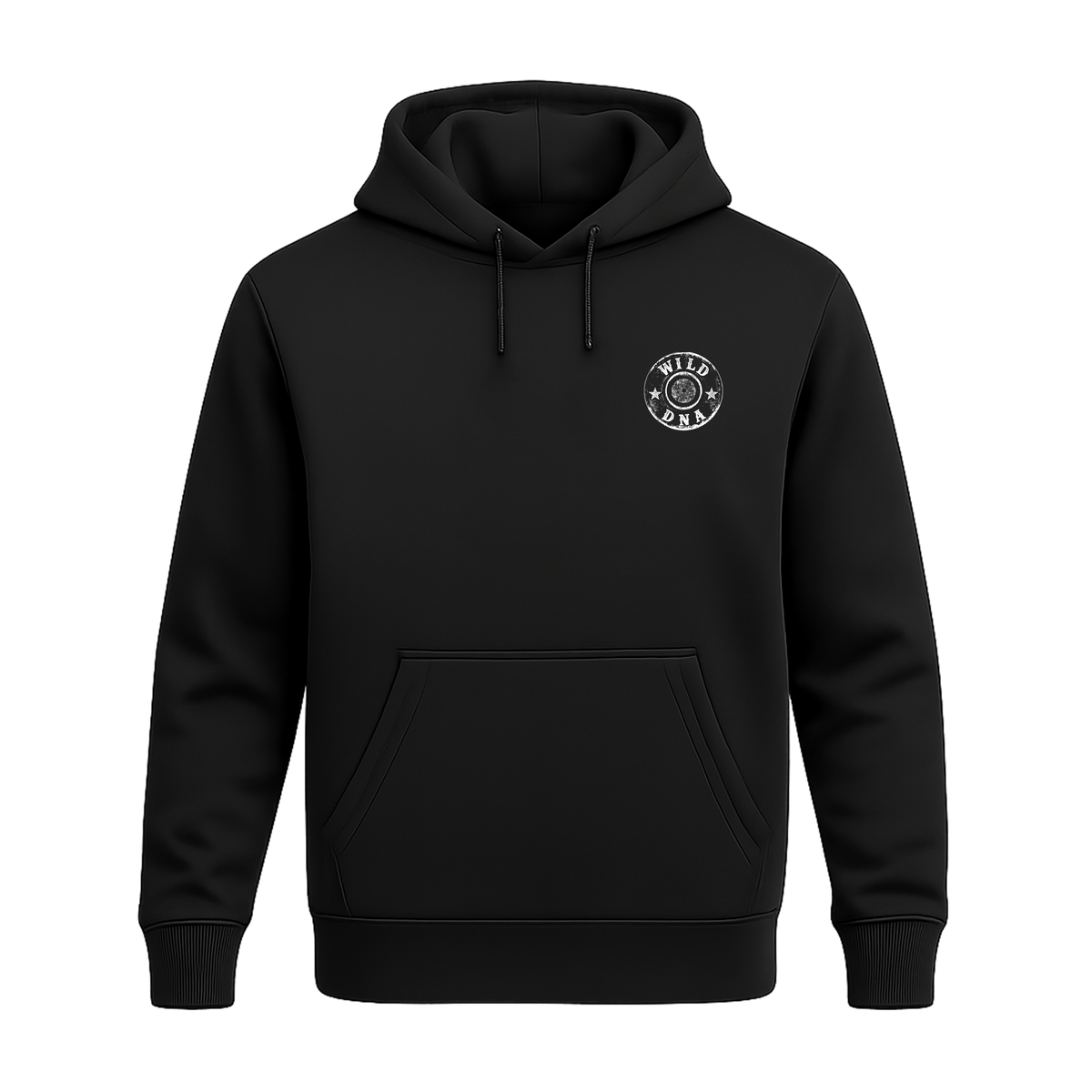 Front of black Wild DNA Caribou Hoodie with small chest logo