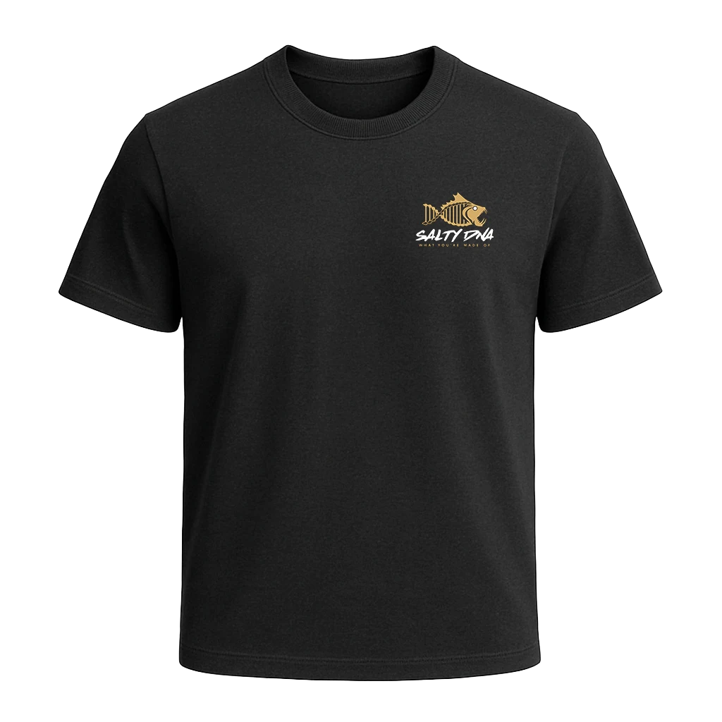 Black Salty DNA t-shirt front with gold fish logo