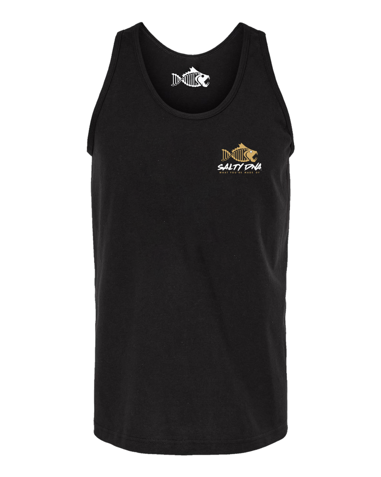 Black Salty DNA tank top with small fish logo, front view