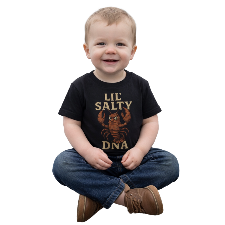 Toddler wearing a black Lil Salty DNA T-shirt on a wharf