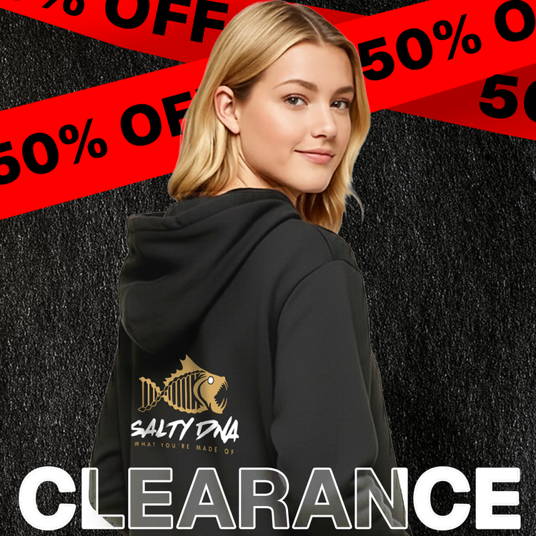 Woman wearing a black Salty DNA hoodie in a clearance promotion