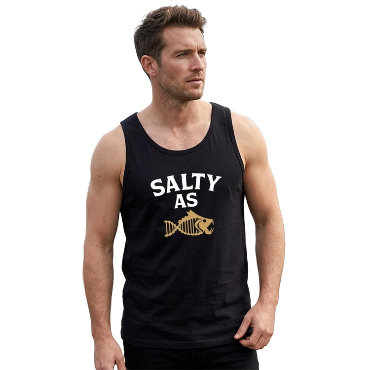 Man wearing a black Salty As tank top on a fishing wharf