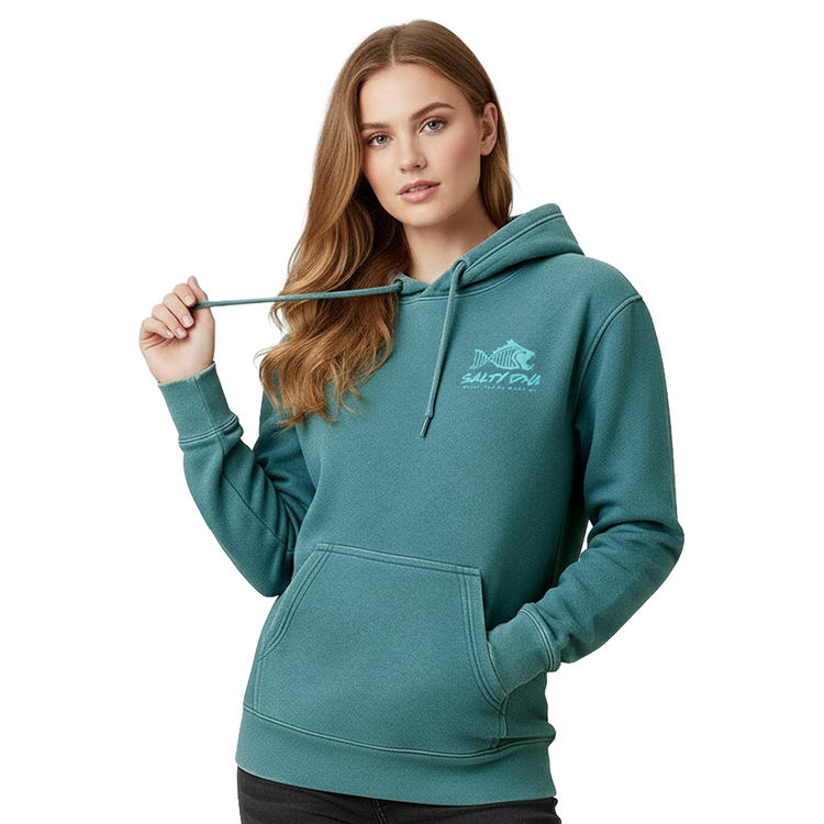 Woman wearing a jade Salty DNA vintage hoodie