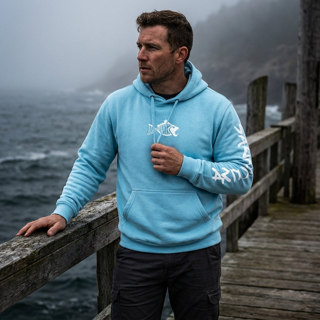 Man wearing an ivory Salty DNA quarter-zip sweatshirt