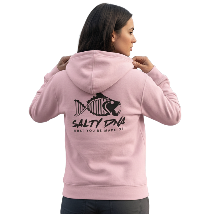 Woman wearing a pink Salty DNA Originals hoodie from the back