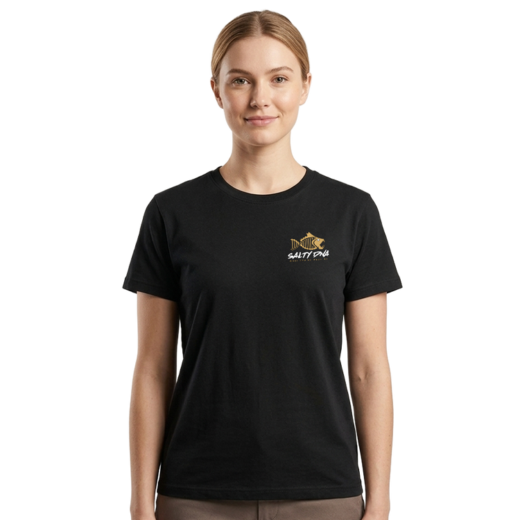 Woman wearing a black Salty DNA T-shirt