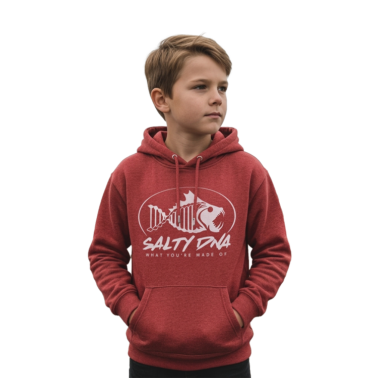 Boy wearing a red Salty DNA youth hoodie