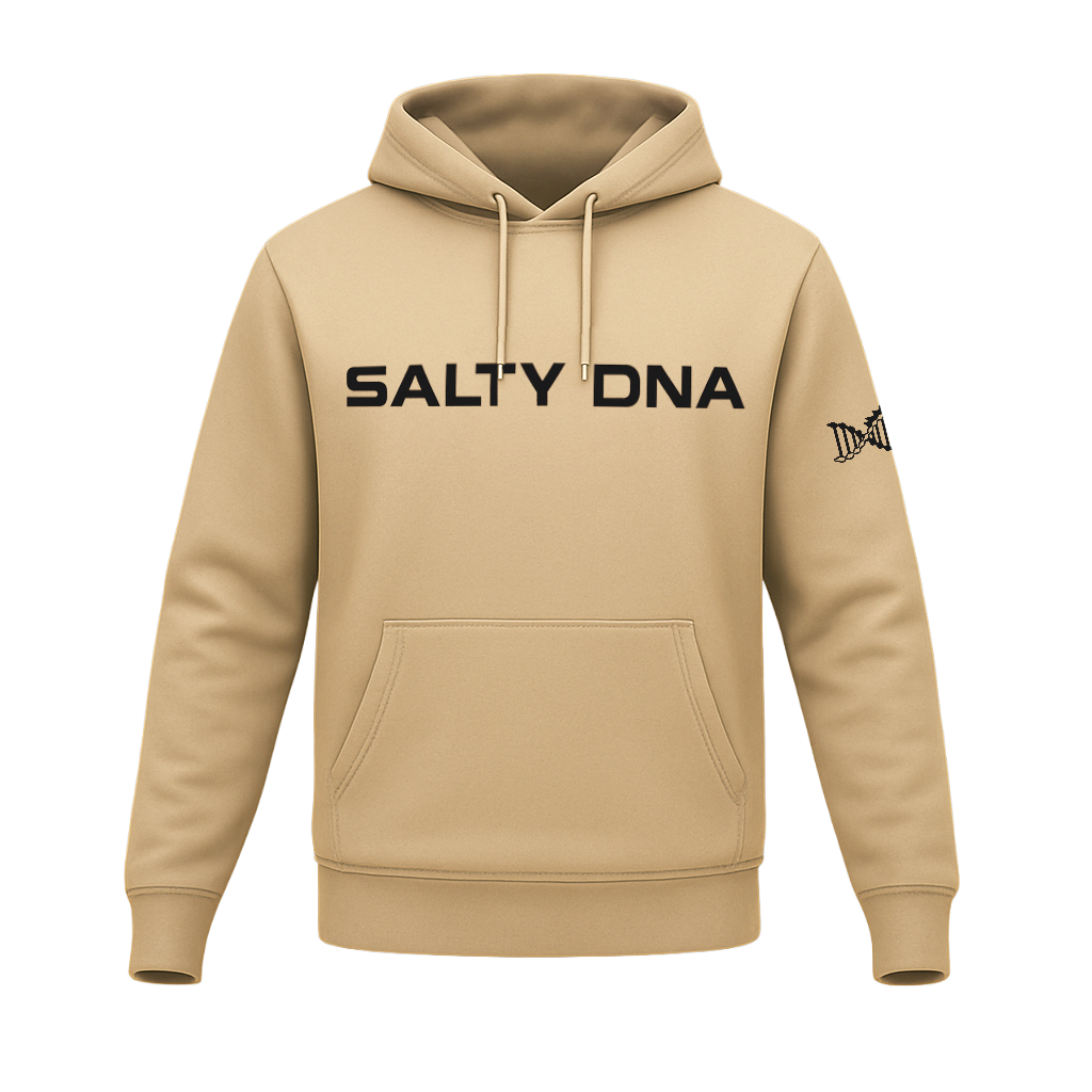 Sand Salty DNA lettered front hoodie, front view