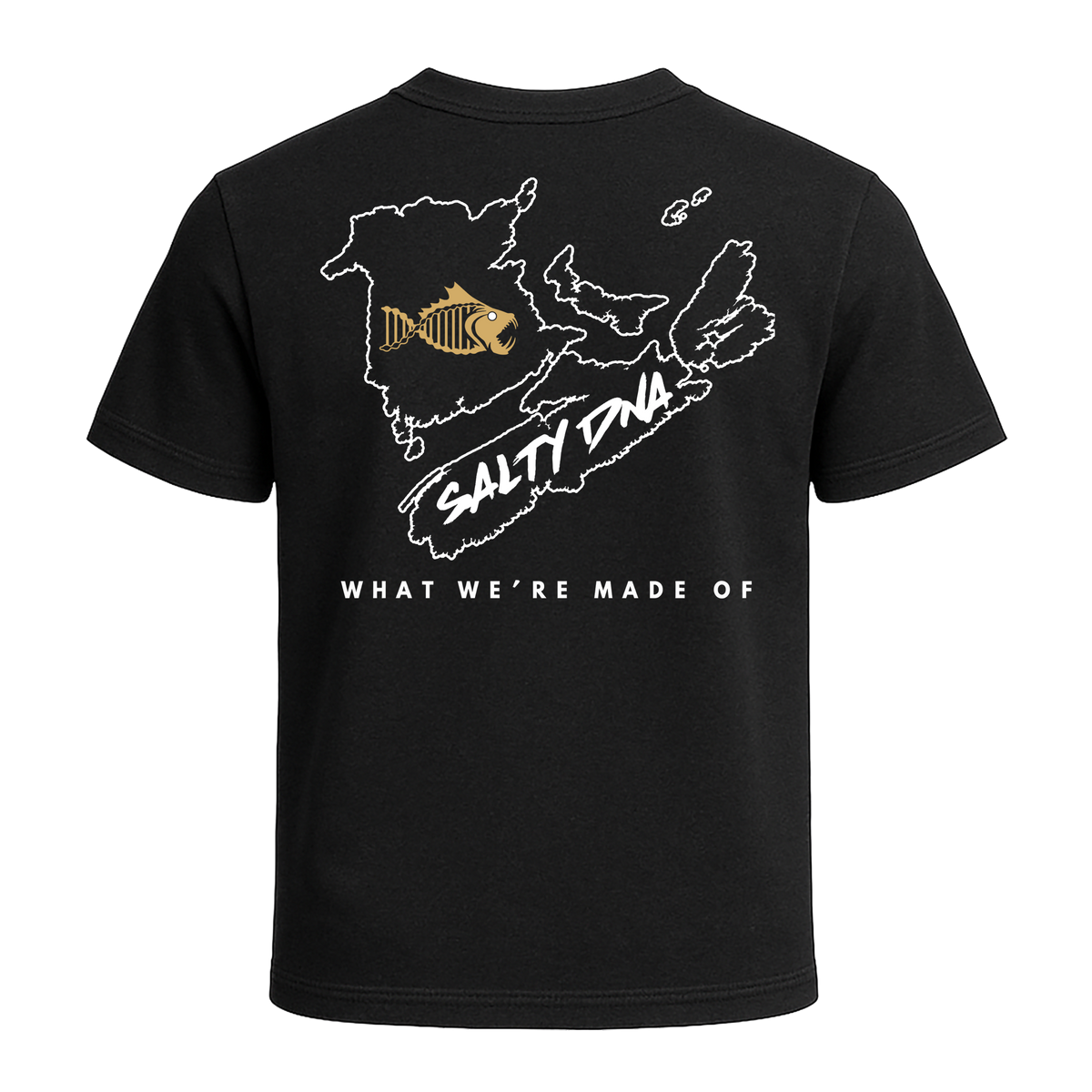 Back of black Salty DNA Maritime Provinces Map T-shirt with white map artwork, gold fish logo and What We're Made Of lettering