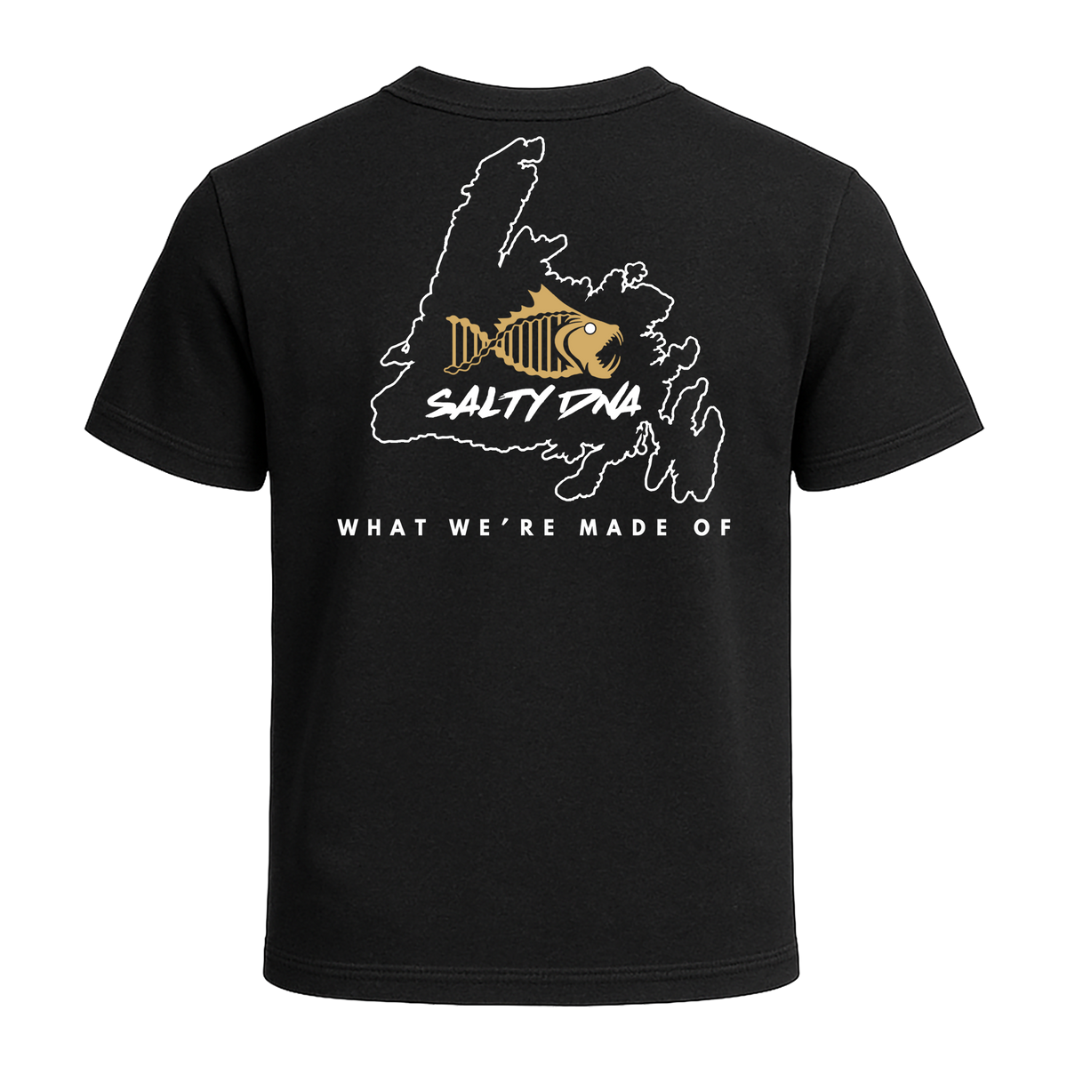 Back of black Salty DNA Originals Newfoundland Map T-shirt with white island outline and gold fish logo