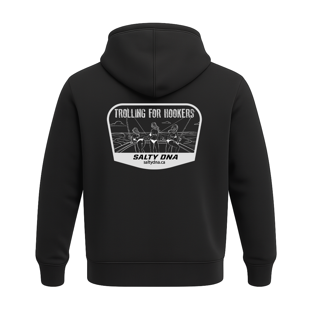 Back of black Trolling for Hookers Salty DNA hoodie