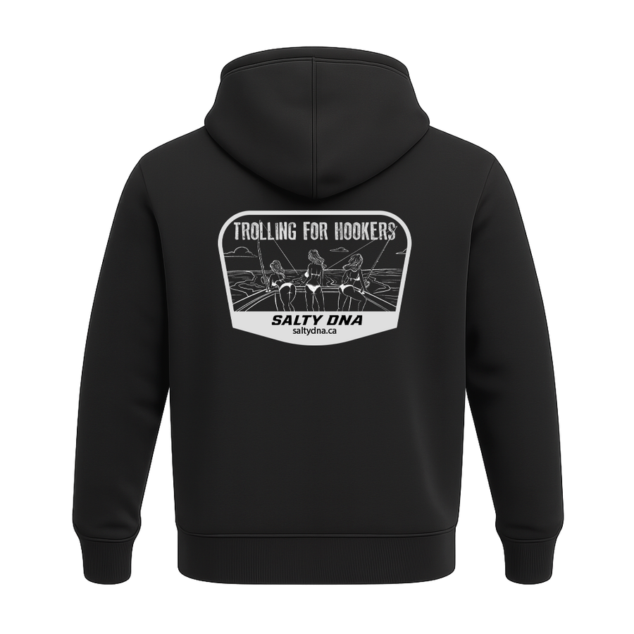 Back of black Trolling for Hookers Salty DNA hoodie