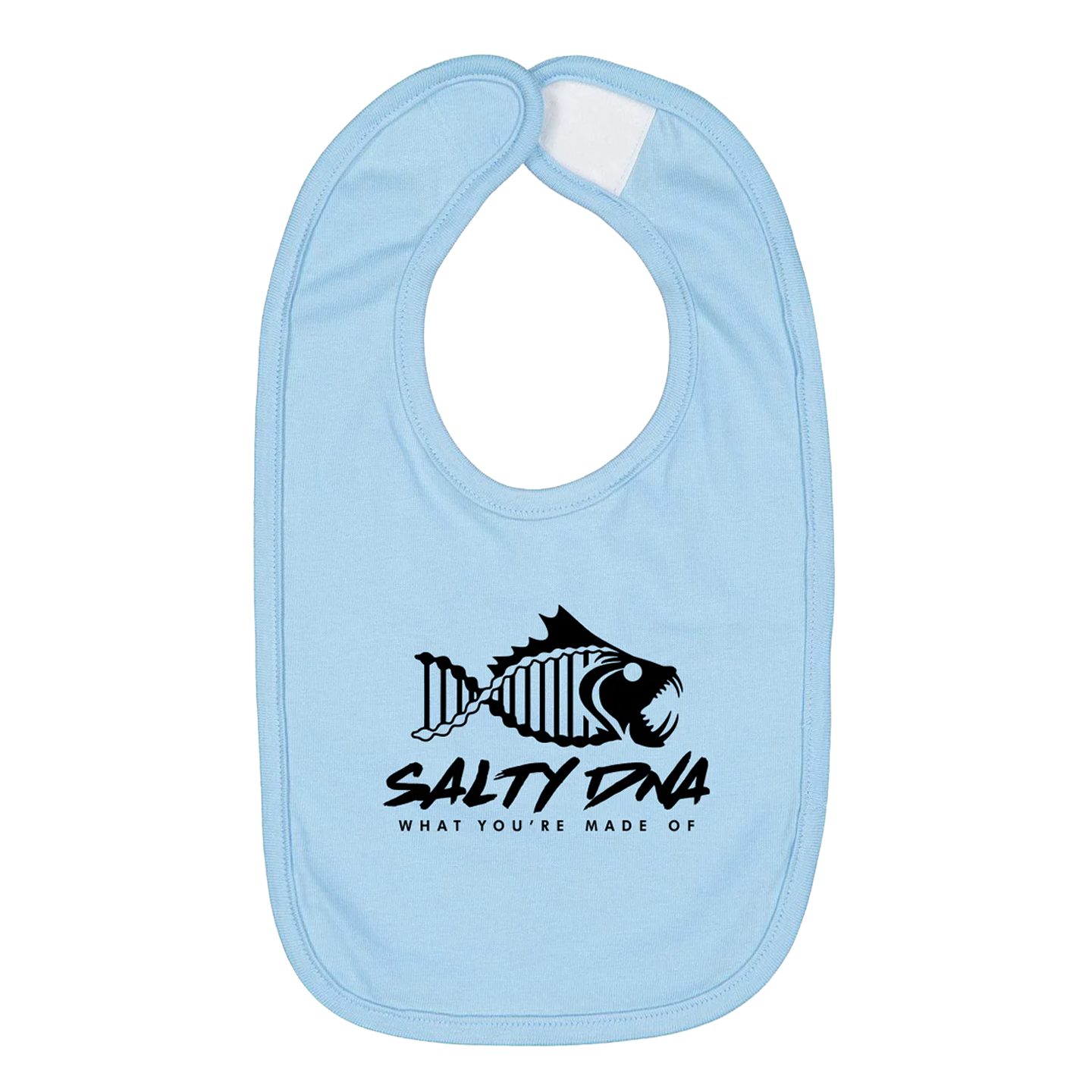 Light blue Salty DNA toddler bib with black fish logo