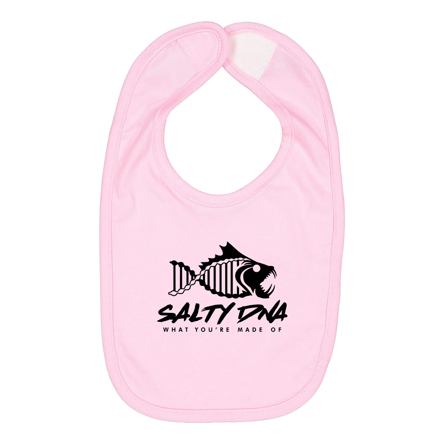Pink Salty DNA toddler bib with black fish logo