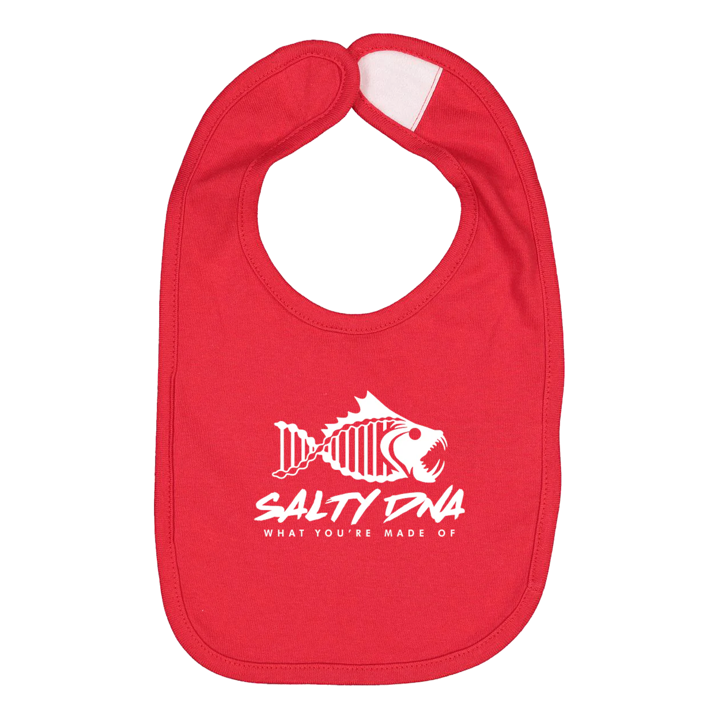 Red Salty DNA toddler bib with white fish logo