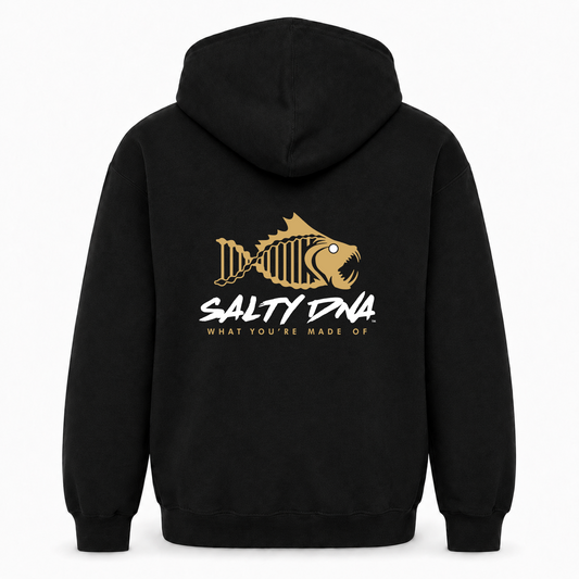 Black Salty DNA Originals youth pullover hoodie, back view with large gold and white fish-skeleton logo